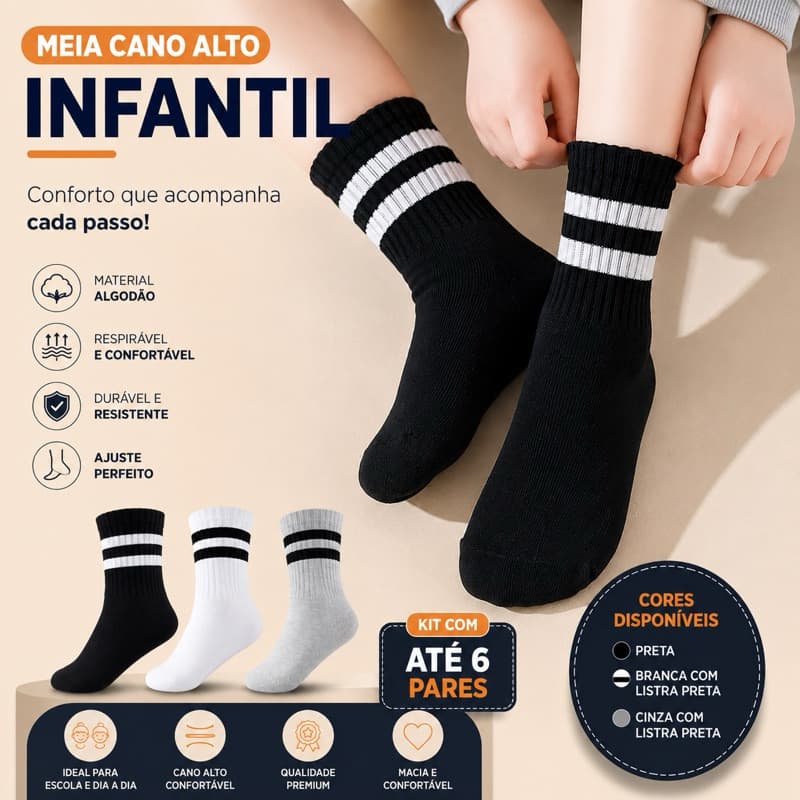 Meias Cano Alto Moderna Com 1 Até 6 Pares INFANTIL /JUVENIL ALGODÃO