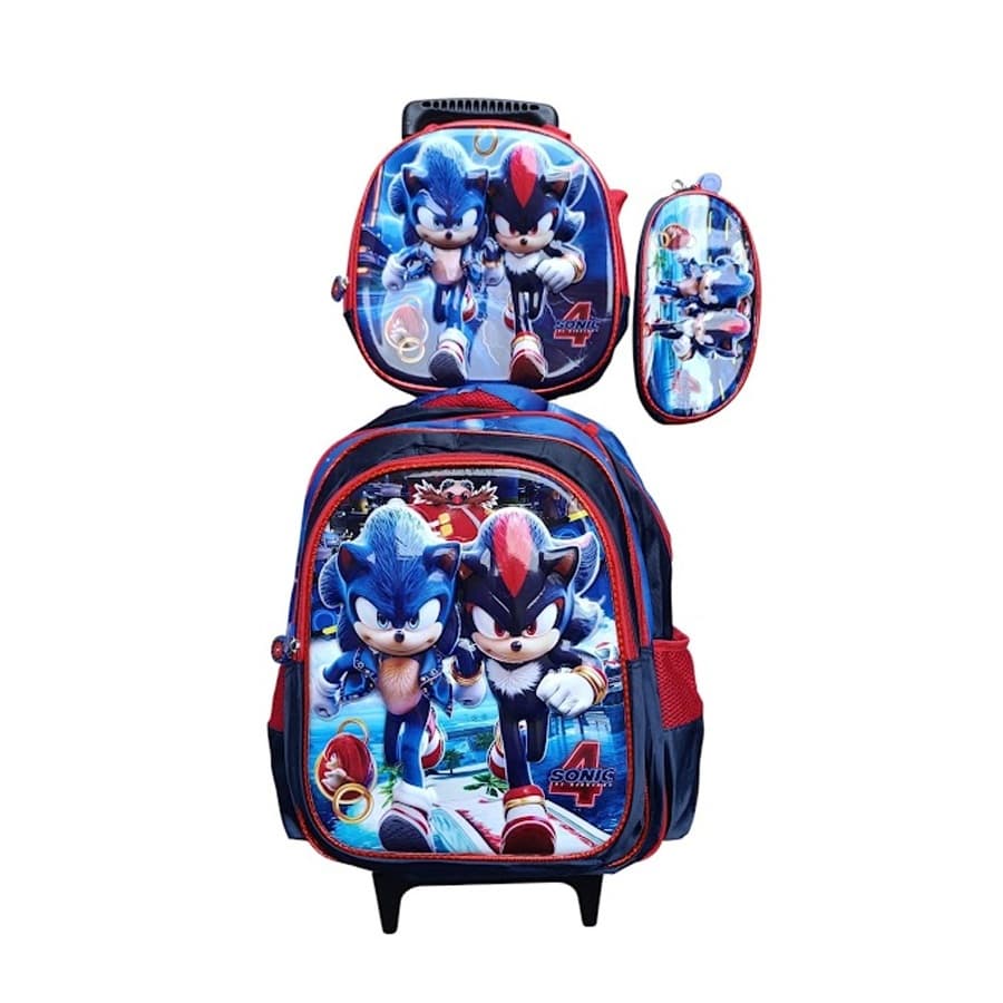 Kit Mochila com Rodinhas Infantil Sonic 3 em 3D Importada + Lancheira Térmica + Estojo Escolar