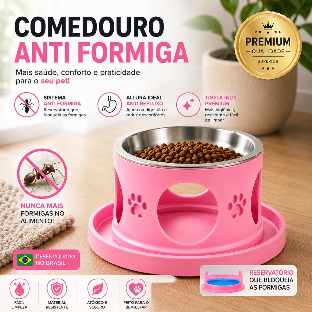 Comedouro Anti Formiga Elevado p/ Cães e Gatos com Tigela Inox Removível e Base Anti Refluxo
