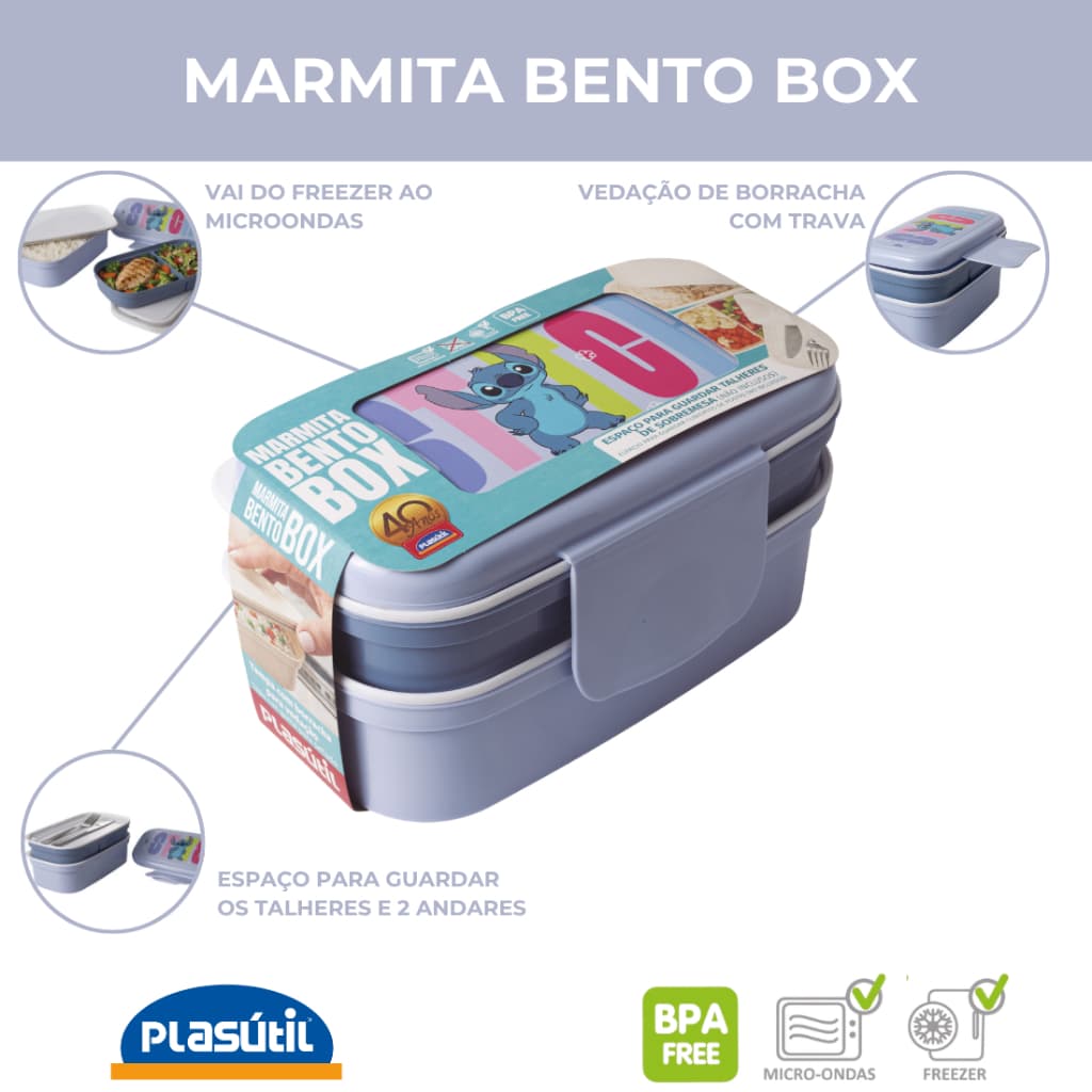 Bento Box Lancheira / Marmita com Porta Talheres divisórias com trava Stitch Plasútil