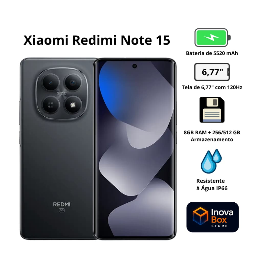 Smartphone Xiaomi Redmi Note 15 5G 256 8GB RAM AMOLED 120Hz Câmera 108MP Resistência a Àgua IP66