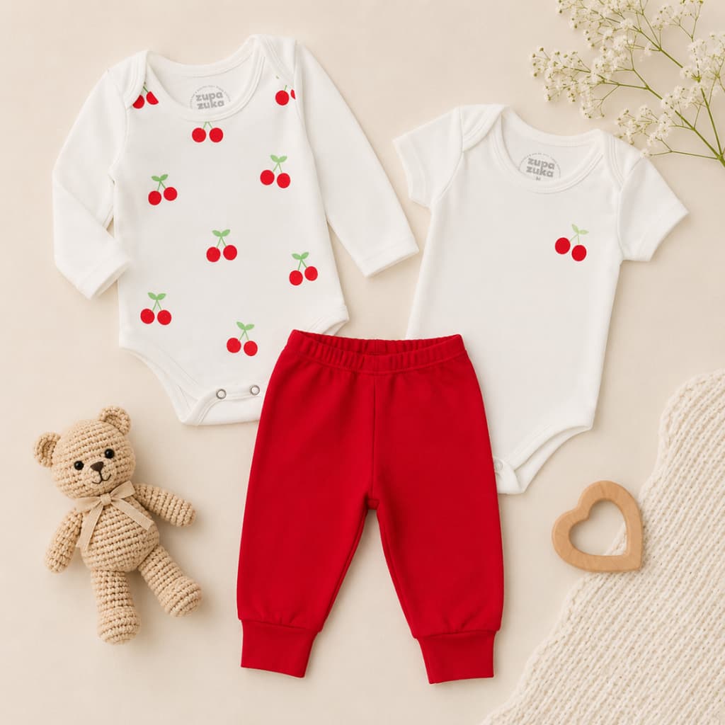 Kit Body Bebê 3 peças Cerejinha, Body Manga Longa, Body Manga Curta e Calça Roupas de Bebê Conjunto de Bebê Cereja