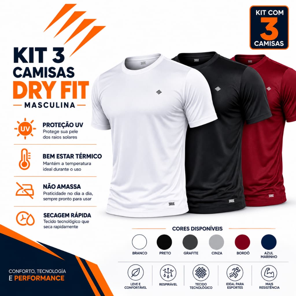 Kit com 3 Camisetas Masculinas Academia Dry Fit com Elastano Esportiva Treino Crossfit Proteção UV Conforto Térmico