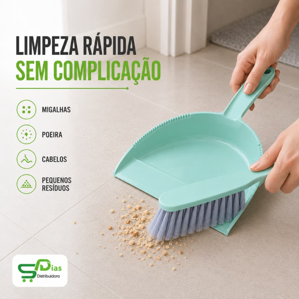 Kit Pá e Vassoura de Mão Compacta Cerdas Firmes 3 Cores Limpeza Rápida Casa Cozinha