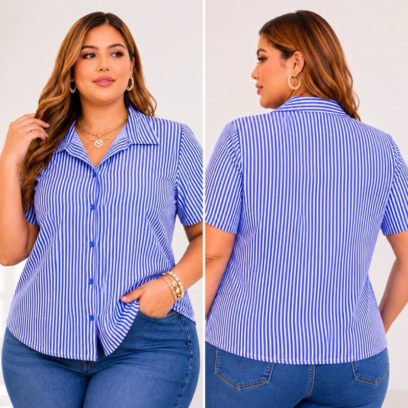 Camisa Listrada Plus Size Feminina Crepinho Social Manga Curta Botão – GG G1 G2 (46 ao 52) Confortável Elegante