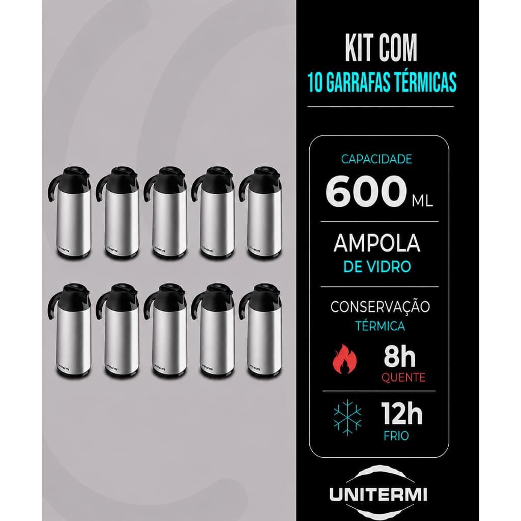Kit 10 Garrafas Térmicas 600ml Unitermi Berlim Com Gatilho Bico Anti Gotas Conservação Térmica Inox