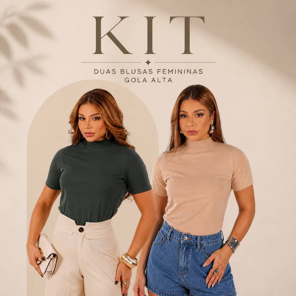 Kit 2 Blusas Feminina Gola alta 100% Algodao T-shirt Confortavel Casual Básica