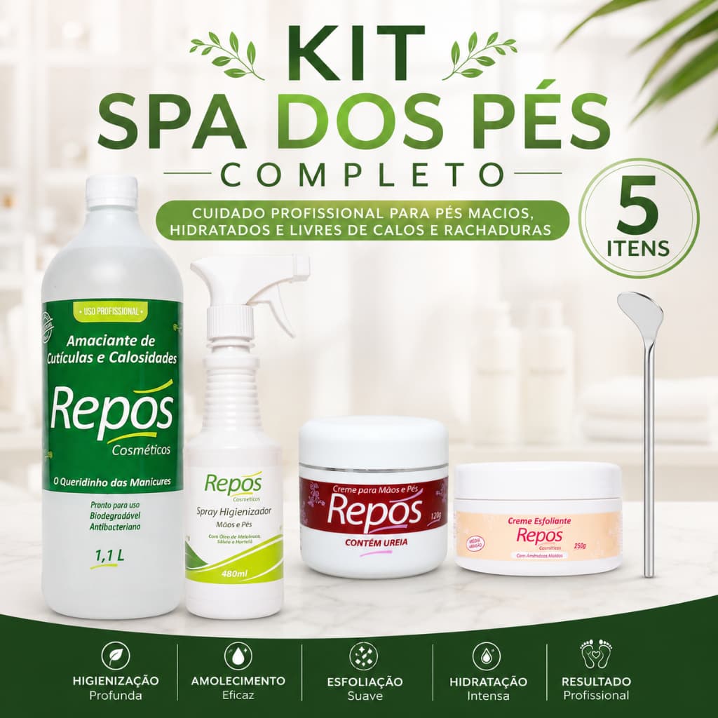 Kit Spa dos Pés e Mãos Repós Completo Amaciante 1,1L Spray Higienizador Esfoliante Creme Ureia Bisturi