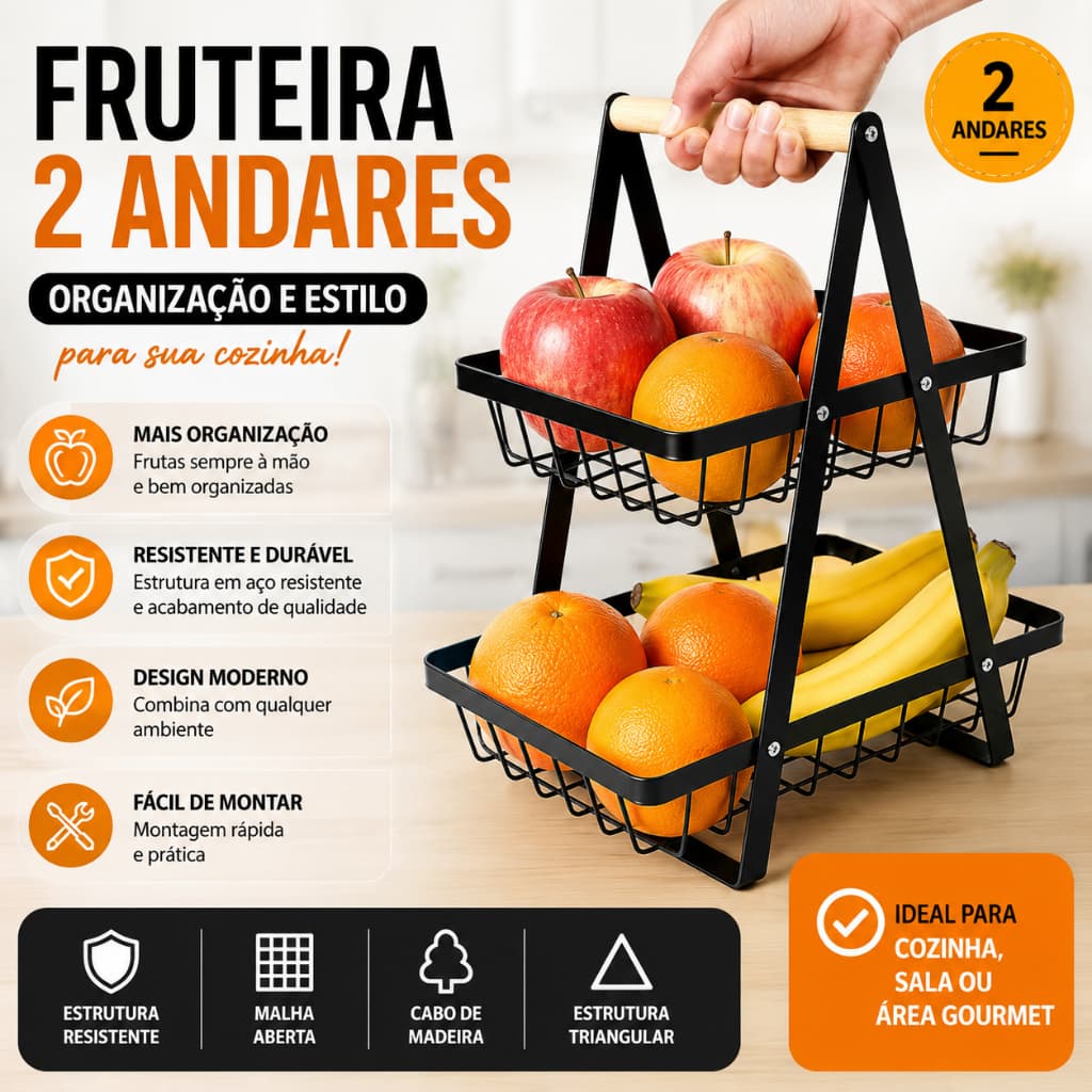 Fruteira de Mesa 2 Andares Organizador de Frutas e Legumes Cesto Cozinha Bancada Metal