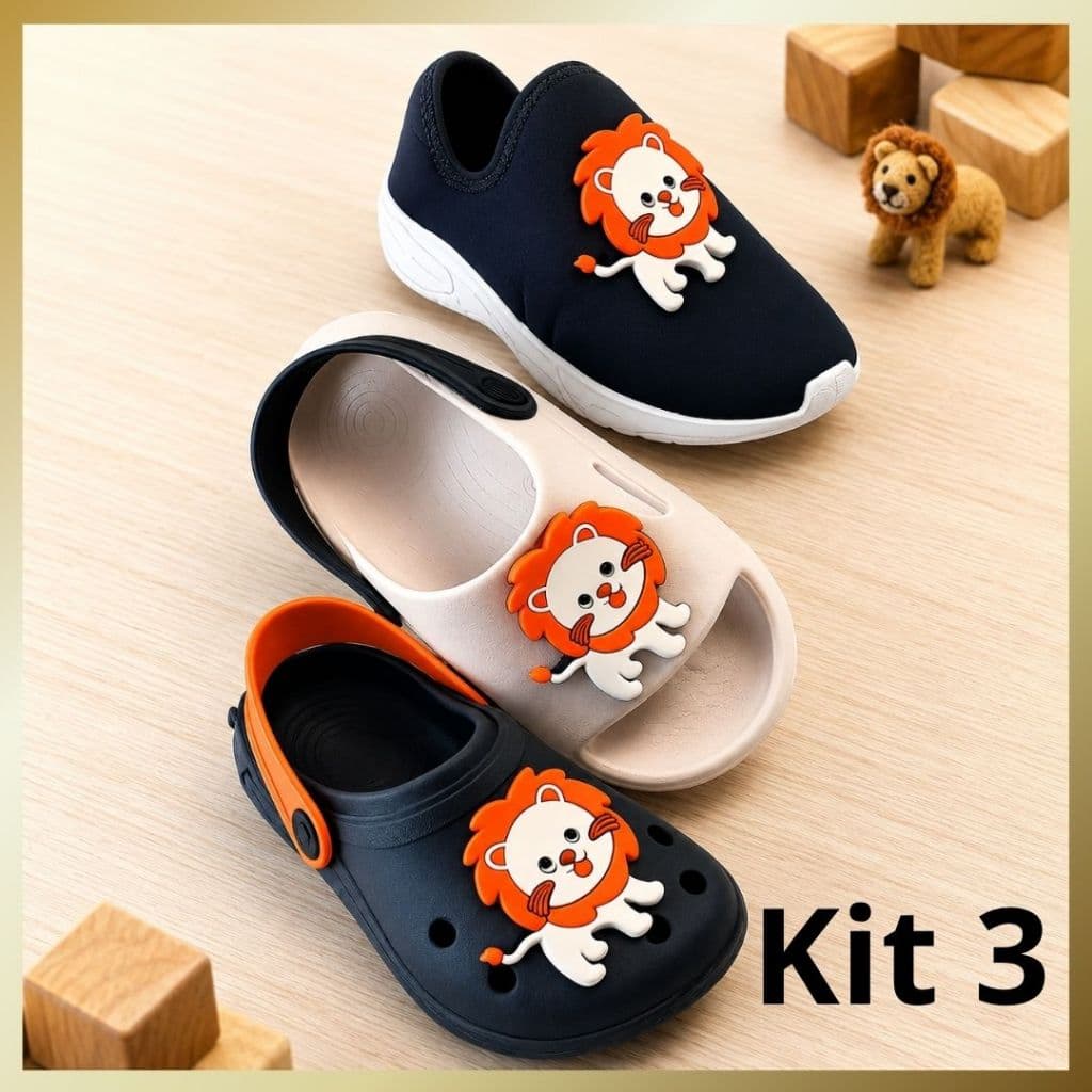 Kit 3 Pares Calçados Infantil Menino Tênis Babuche Slide Leão Leve Confortável Dia a Dia