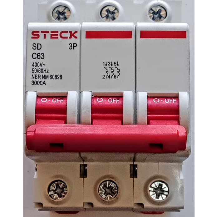 Disjuntor Steck Din SDD63C63 - 3 Polos, 63A, Curva C, 3KA, Branco
