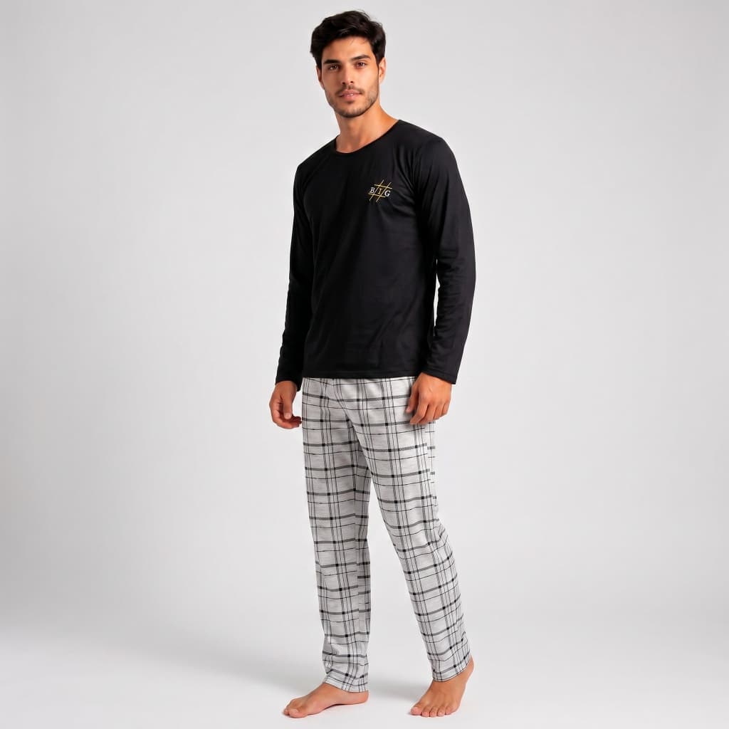Pijama Masculino Xadrez Frio Manga Longa Calça Comprida Inverno Malha Premium