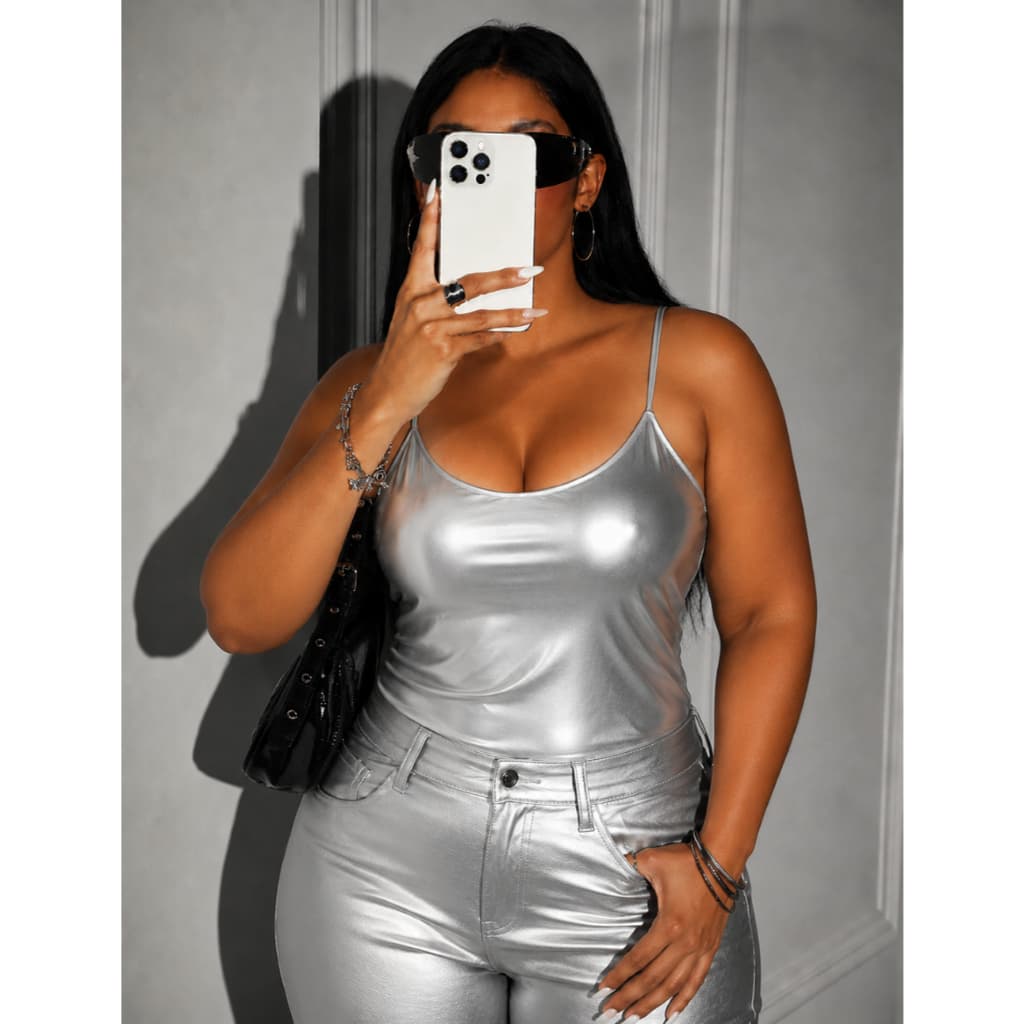 Body Plus Size Metalizado Feminino Balada Eletrônica Carnaval Fantasia Bloquinho de Rua GG