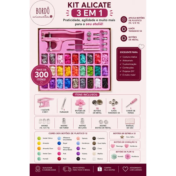Kit Alicate de Pressão 3 em 1 Lanmax Aplicador de Botão - Alicate + Botões Plástico e Metal + Ilhós