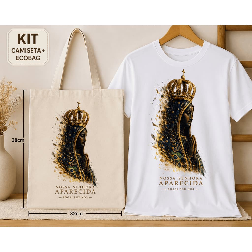 Kit Nossa Senhora Aparecida Camisetas unissex e Ecobag Estampa Religiosa