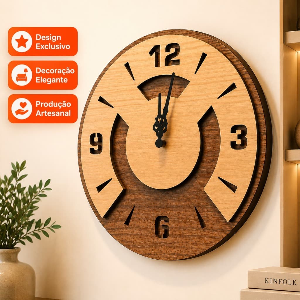 Relógio de Parede Decorativo 27cm Madeira Laminada Corte a Laser Design Moderno Sala Cozinha