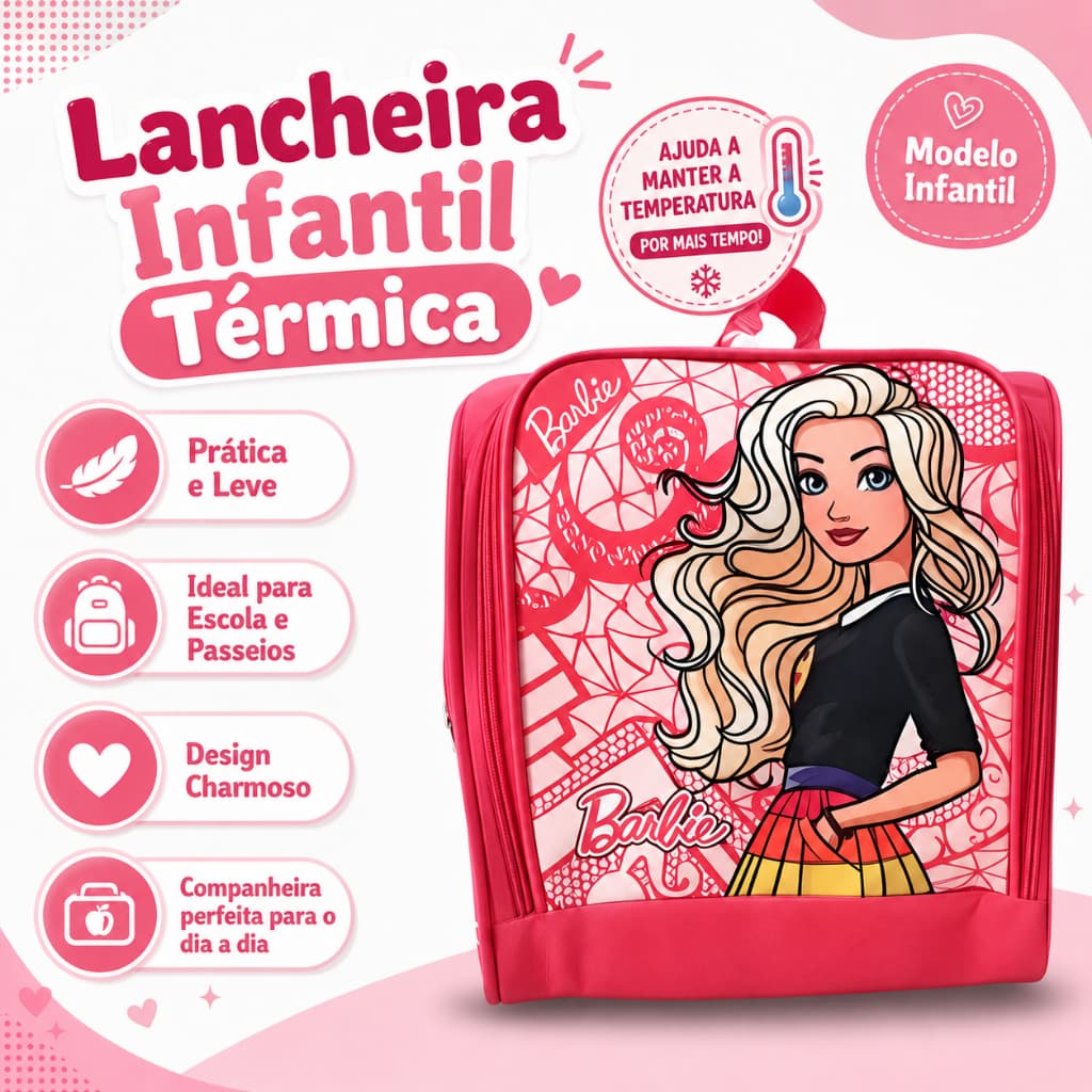 Lancheira Térmica  Escolar Infantil Barbie Lancheira para Menina Rosa LunchBox Lancheira Escolar