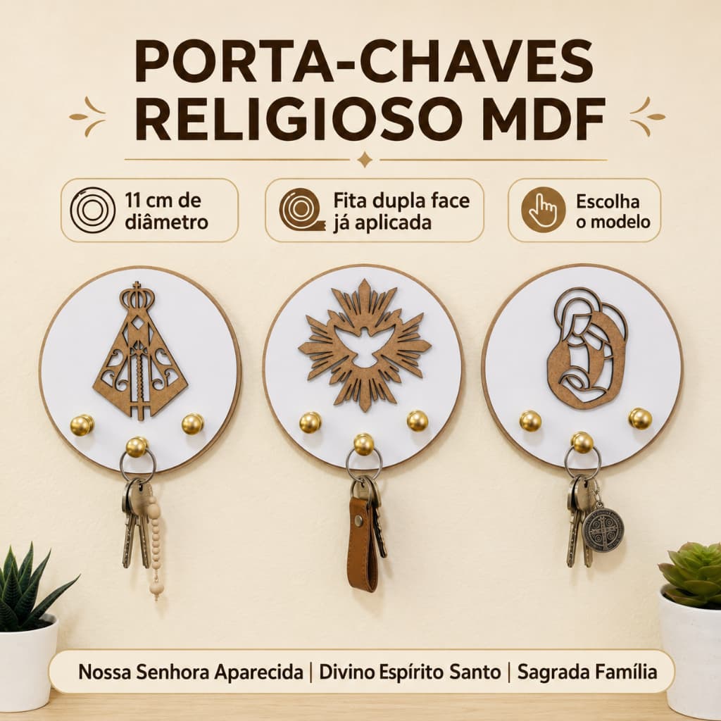 Porta Chaves de Parede Redondo Religioso Católico MDF 15mm Nossa Senhora Divino Espírito Santo Sagrada Família