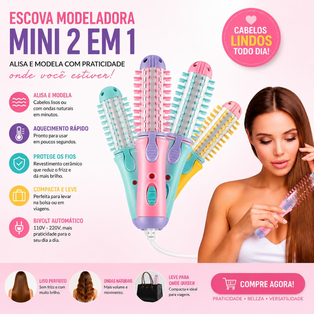 Mini Escova Modeladora Portátil Enrola Cabelo Alisadora Bivolt 2 em 1