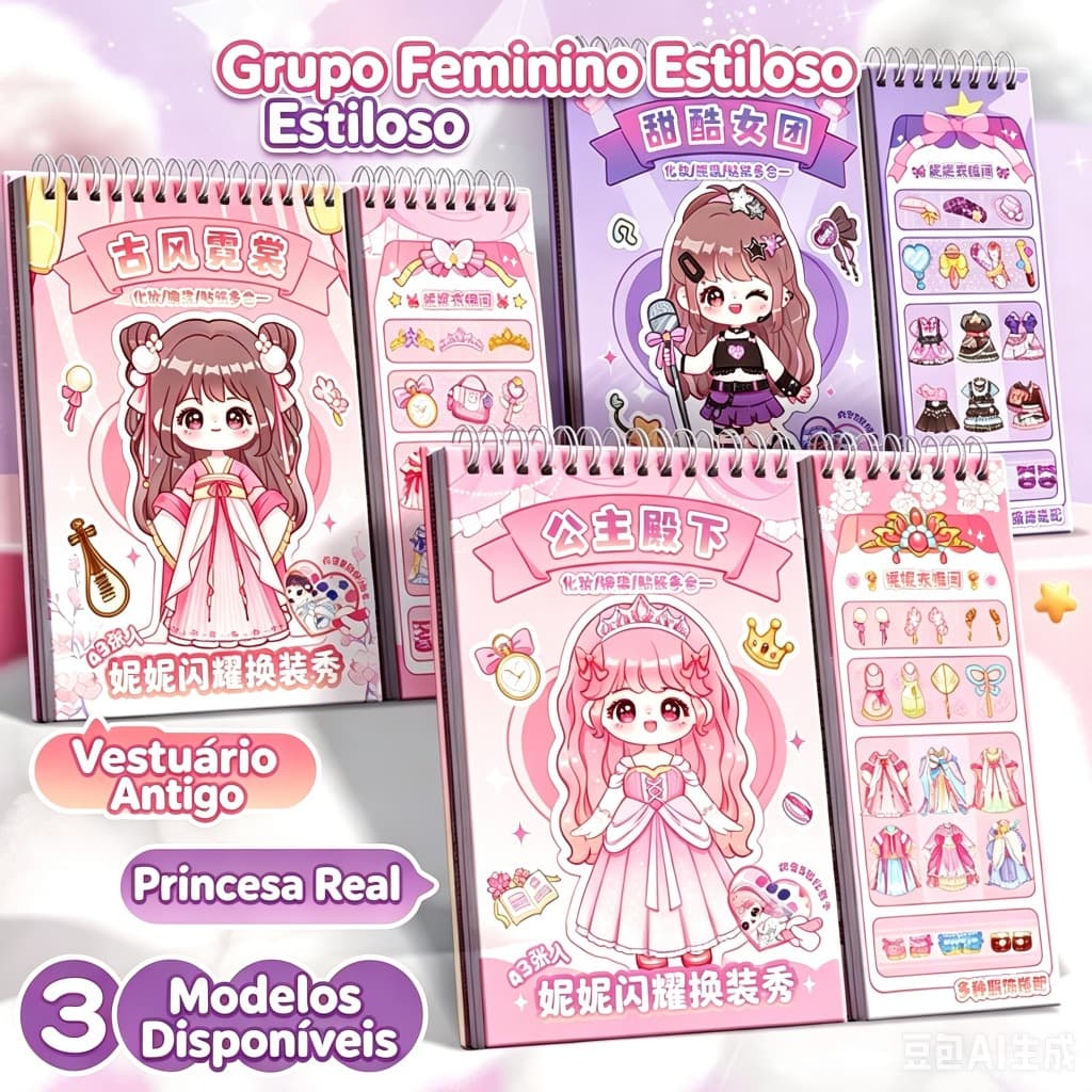 Caderno de Vestir Princesa Livro Moda Com Adesivos Personagens Desenho Animado Kit Maquiagem Brinquedo Infantil Menina