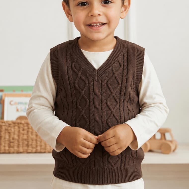 Blusa Colete Infantil unisex de 1 a 3 anos Gola V Detalhes Aran e Tranças Confortável Casual