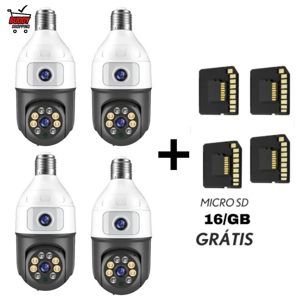 Kit 4 Câmeras Lâmpada Wifi Dupla Lente 360 Segurança + 4 Cartões SD 16GB