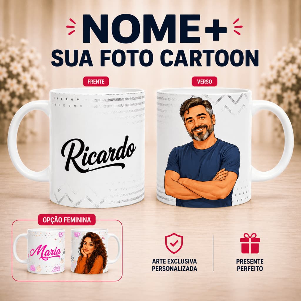 Caneca com Nome e Foto Caricatura/Cartoon | Presente Criativo