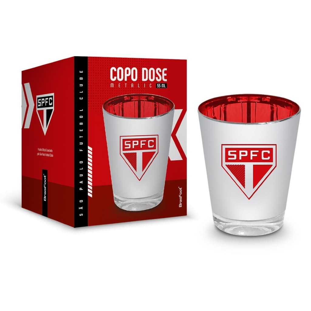 Copo São Paulo de vidro personalizado para shot dose metalizado prata vermelho na caixa presente dia dos pais copinho