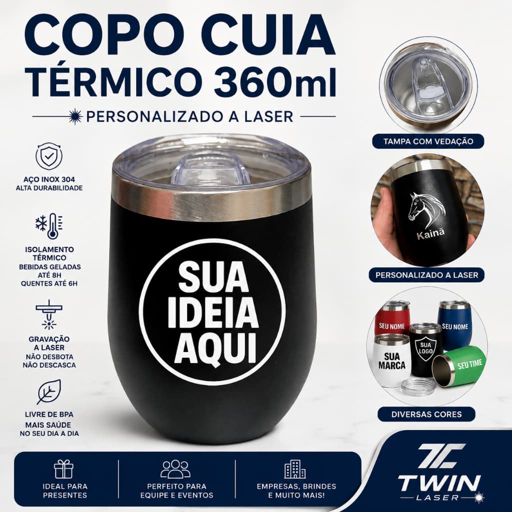 Kit 3, 5 ou 10 Copos Cuia Térmicos 360ml com Tampa – Personalizados a Laser