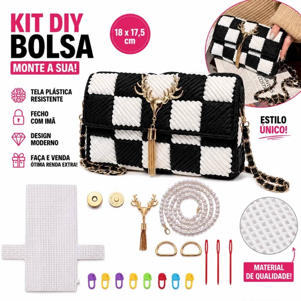 Kit Diy Bolsa Tela em Plástico com Fecho Rena Estrutura para trabalhos em Crochê- 18x17,5cm