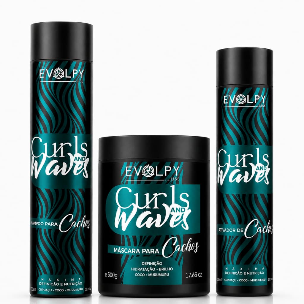 Kit 3 Passos para Cabelos Cacheados e Ondulados Shampoo, Máscara e Ativador de Cachos - Evolpy