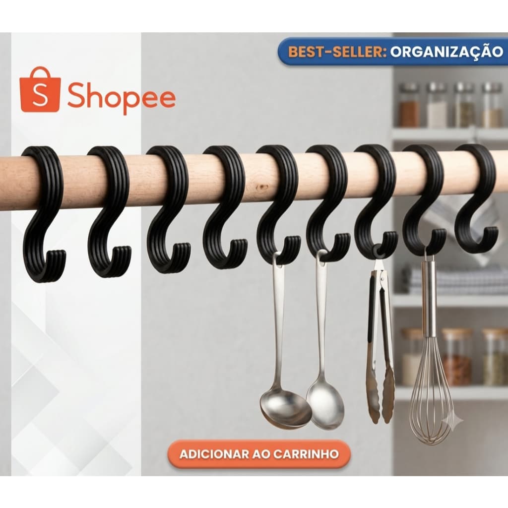 KIT 10 Ganchos Organizadores Multifuncionais em "S" - Resistentes e Modernos