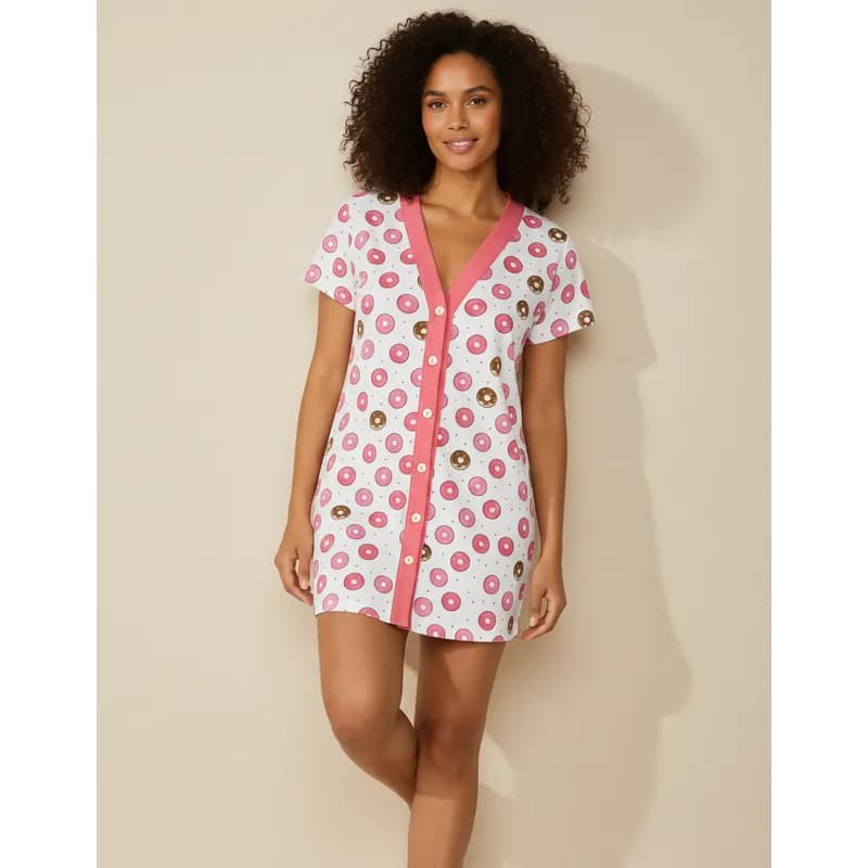 Camisola Estampada Pijama Macio Manga Curta Gola V Botão Pijama Dormir Confortável Macio