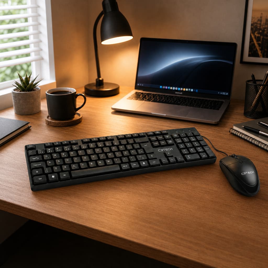 Kit Teclado e Mouse USB C3Tech com Fio Silencioso Ergonômico para Home Office, Trabalho e Estudos