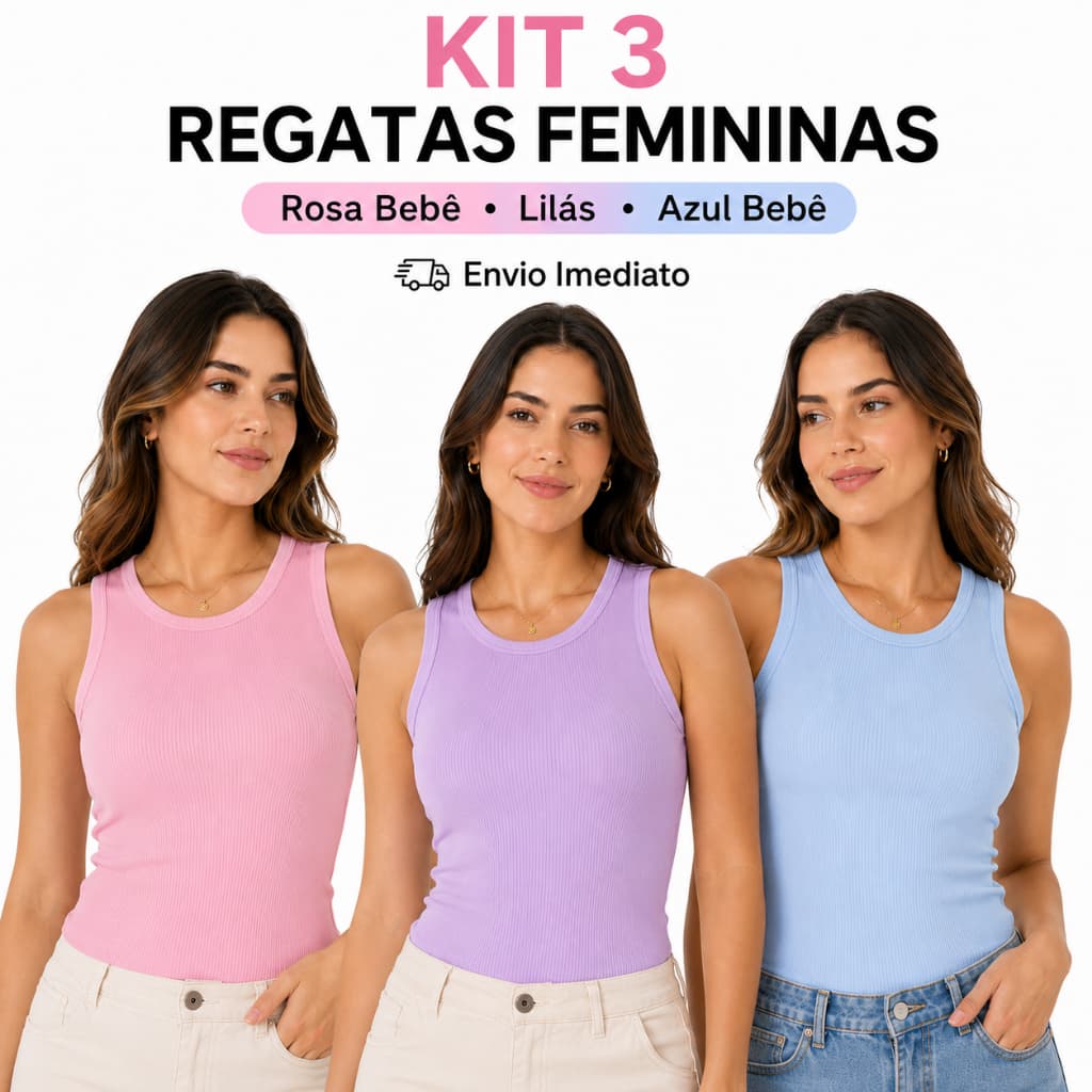Kit 3 Regata Canelada Feminina Blusa Básica Candy Color