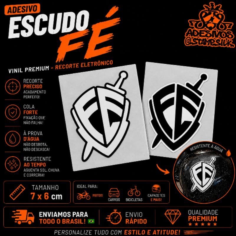 🔥 Adesivo ESCUDO FÉ 7x6cm Vinil PREMIUM À Prova D'Água Recorte Eletrônico 🛡️
