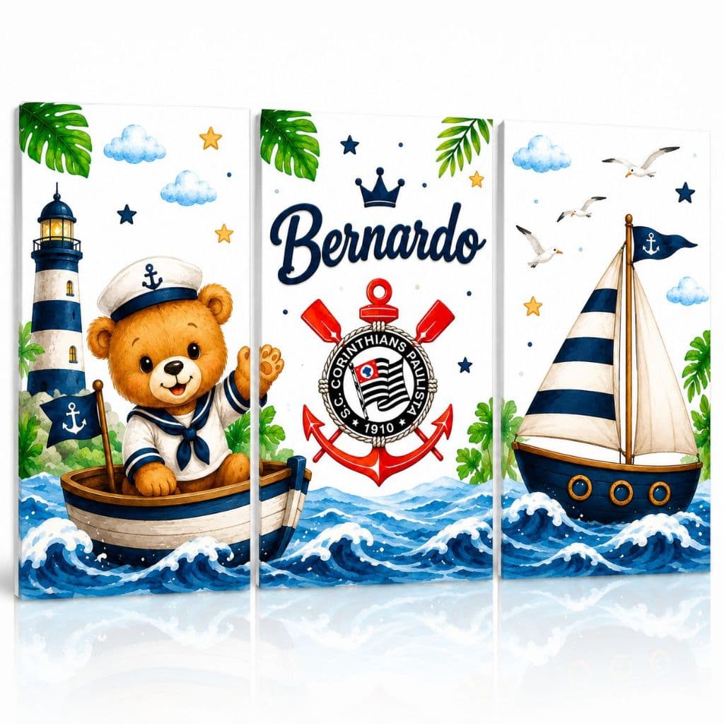 Quadros Decorativos 3 Peças Quarto Timão Ursinho Infantil Marinheiro Personalizados Bernardo