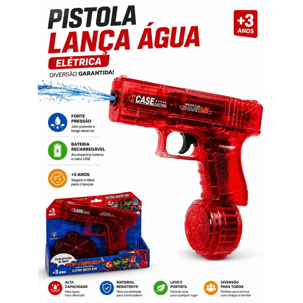 Brinquedo Pistola Lança Água Elétrica Recarregável USB Forte Pressão Tambor Grande +3 Anos