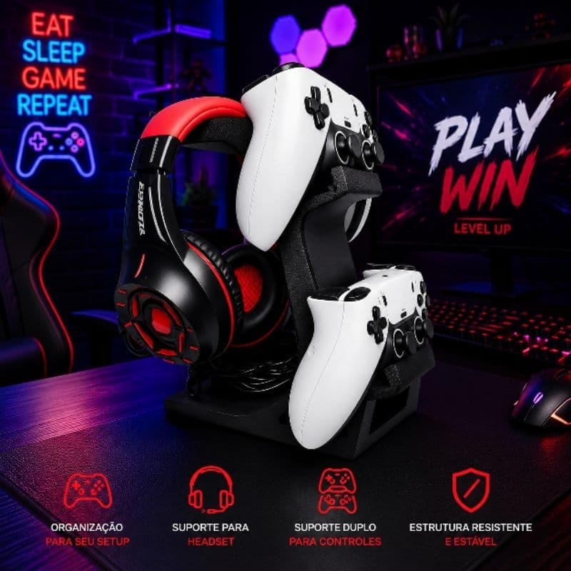 Suporte Gamer para 2 Controles e Headset Universal Porta Controle PS5 PS4 Xbox Nintendo Switch