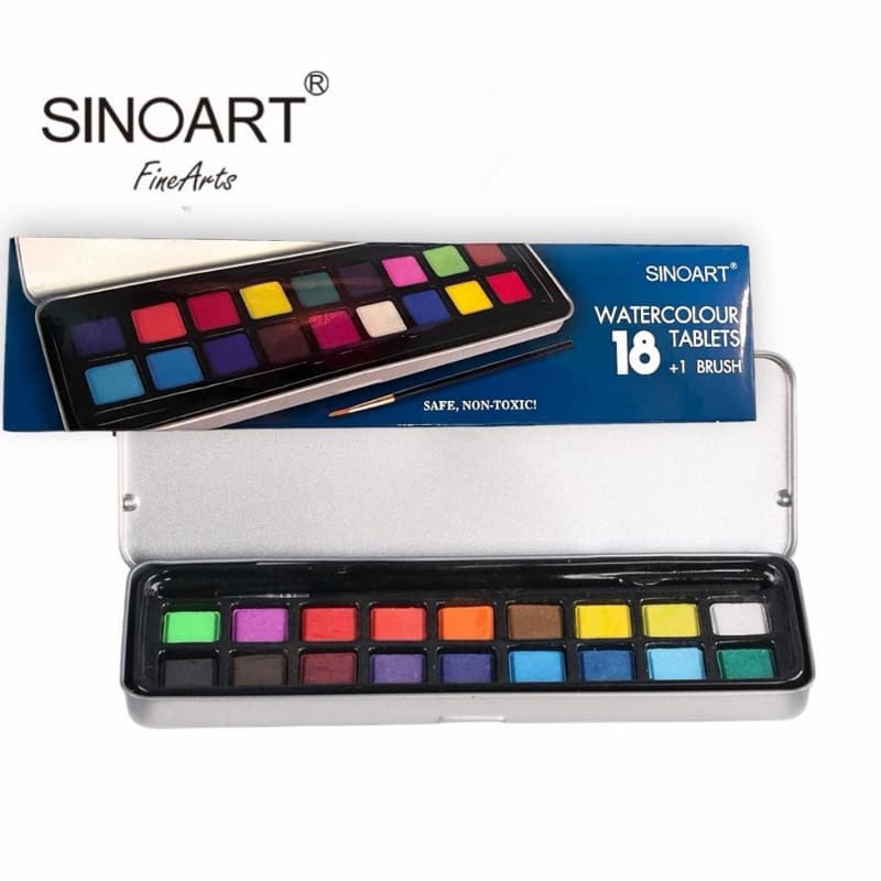Aquarela Em Pastilha 18 Cores Sinoart Estojo Metálico Com Pincel Nail Art Artesanato