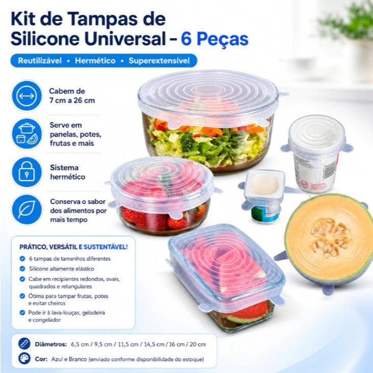 Conjunto de 6 tampas universais flexíveis de silicone laváveis ​​para panelas - Material seguro e reutilizável