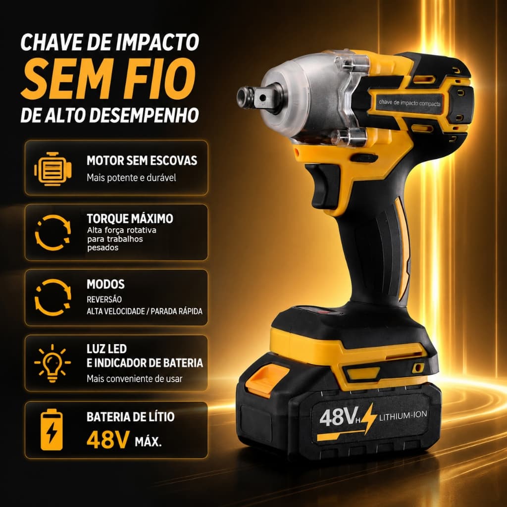 Chave de Impacto 48V Sem Fio Bivolt Troca Pneu, Bateria com Maleta ou Caixa