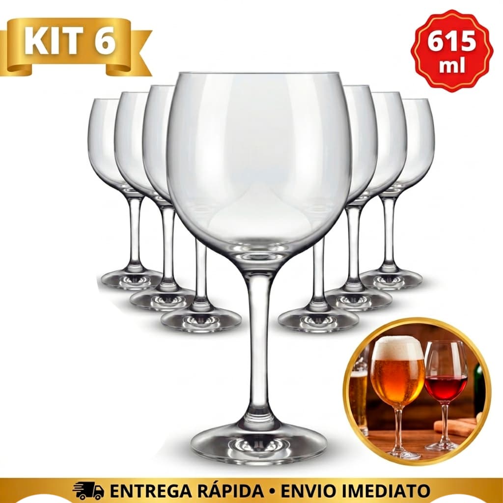 Kit Jogo de 06/12 Taças Vidro Cristalino Gran Vino 615ML Vinho Água Suave Grande Buffet Hotel
