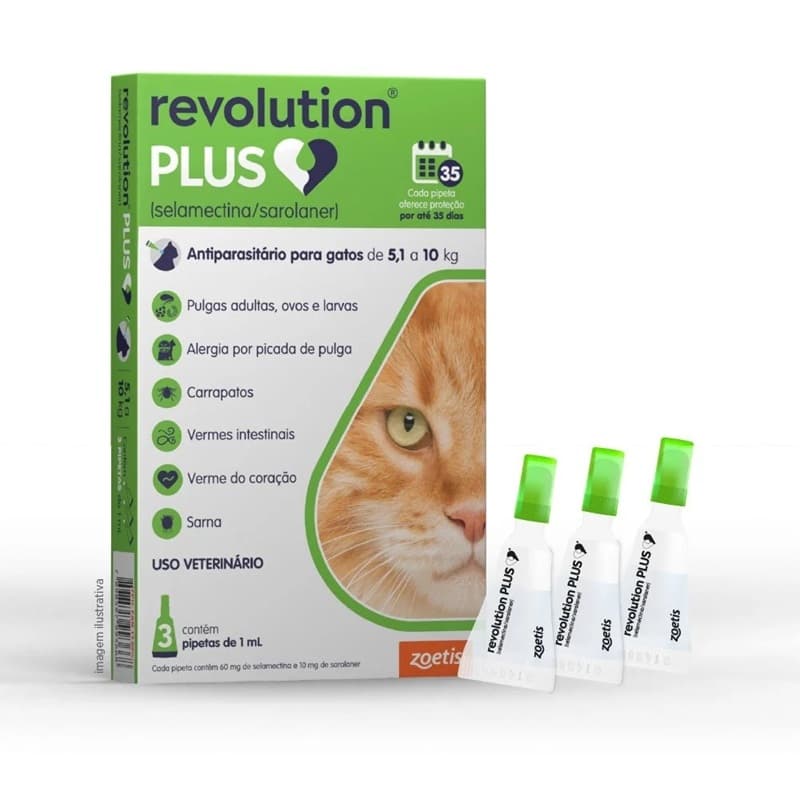 Antipulgas e Carrapatos Revolution Plus Para Gatos 5,1kg a 10kg Zoetis 3 Pipetas