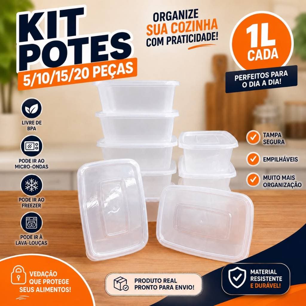 Kit Potes Plásticos Transparente 1 Litro com Tampa 5/10/15/20 Peças Marmita Freezer Micro-ondas BPA Free