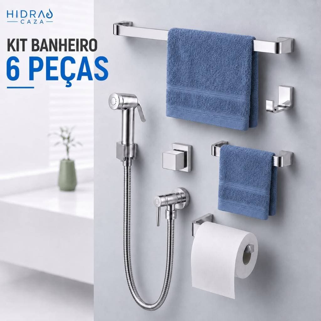 Kit Banheiro Cromado 6 Peças Luxo - Ducha Higiênica + Acabamento Registro + Kit Lavabo