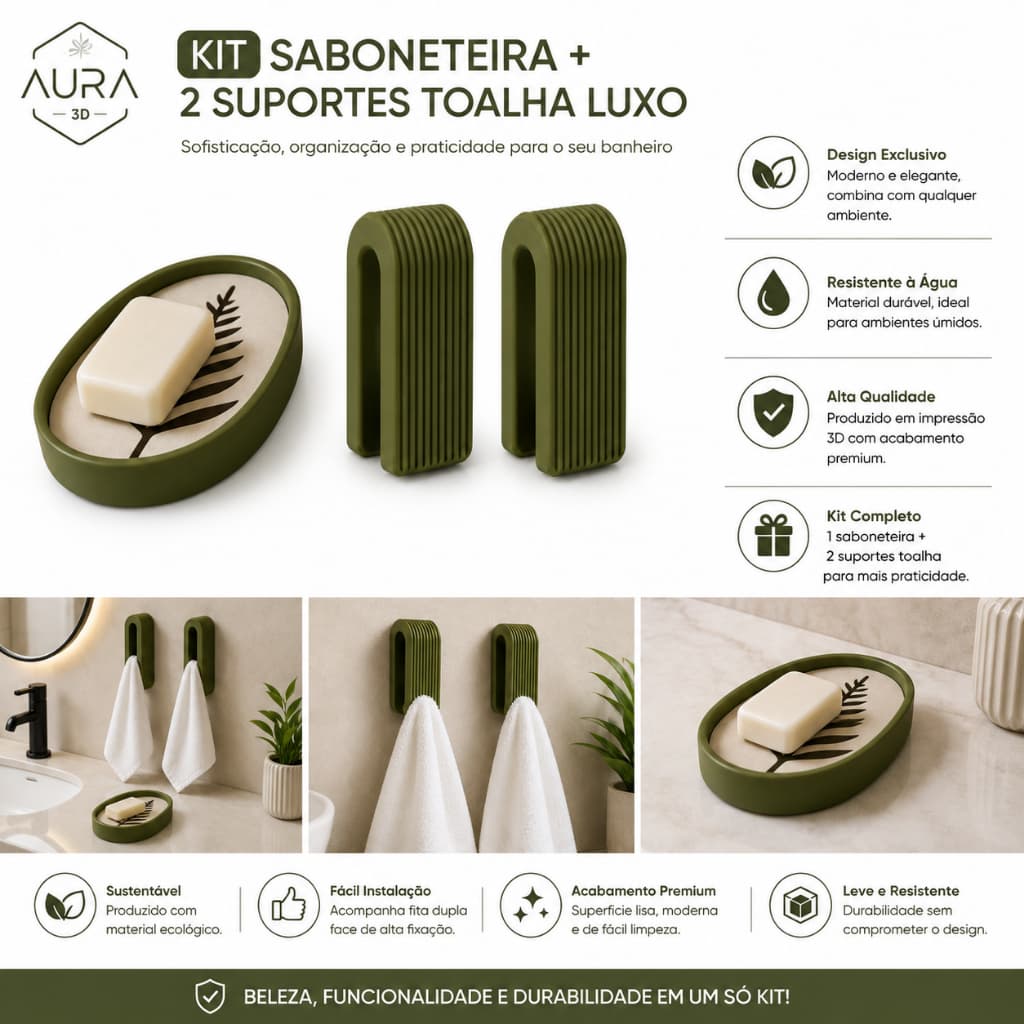 Kit Acessórios para Banheiro Saboneteira Premium + 2 Porta Toalha de Rosto Decorativo Moderno