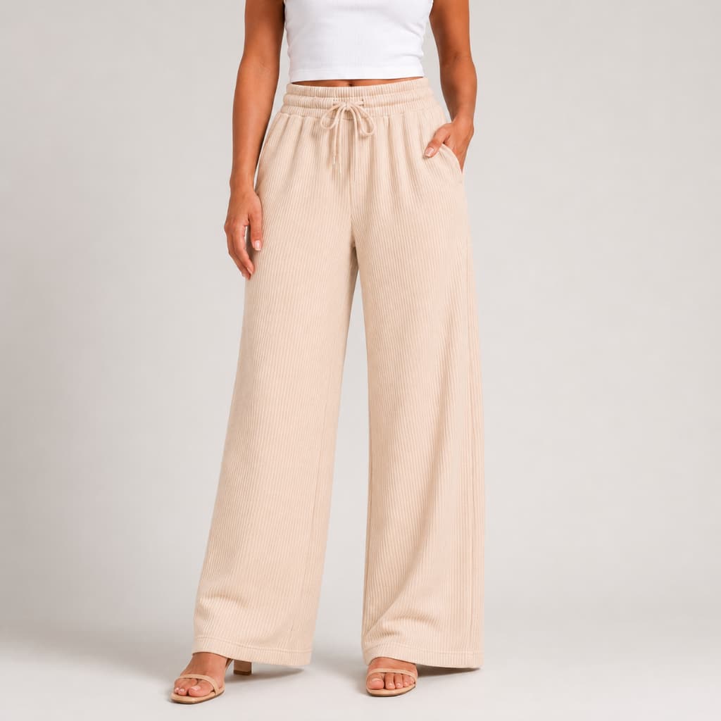Calça Pantalona Feminina Wide Leg Cintura Alta Tecido Texturizado Anarruga com Cordão Elegante Casual Tendência 2026