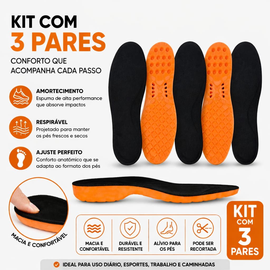 KIT COMBO 3 PARES DE PALMILHAS ORTOPEDICA DE GEL ORIGINAL ADVENTURE