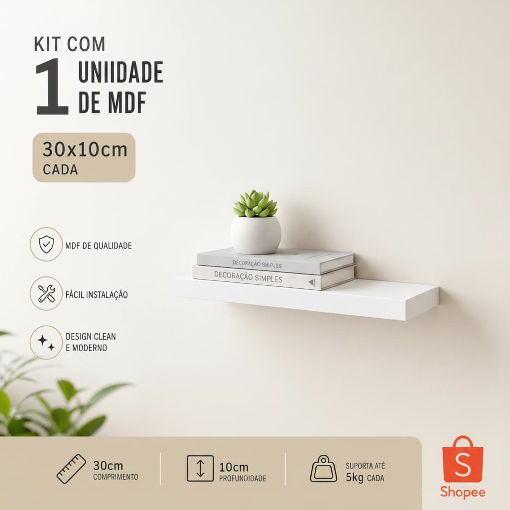 Kit Prateleira Flutuante 100%MDF Branco 30x10cm |  Luxo Nicho Decoração para Sala, Quarto, Cozinha e Escritório c